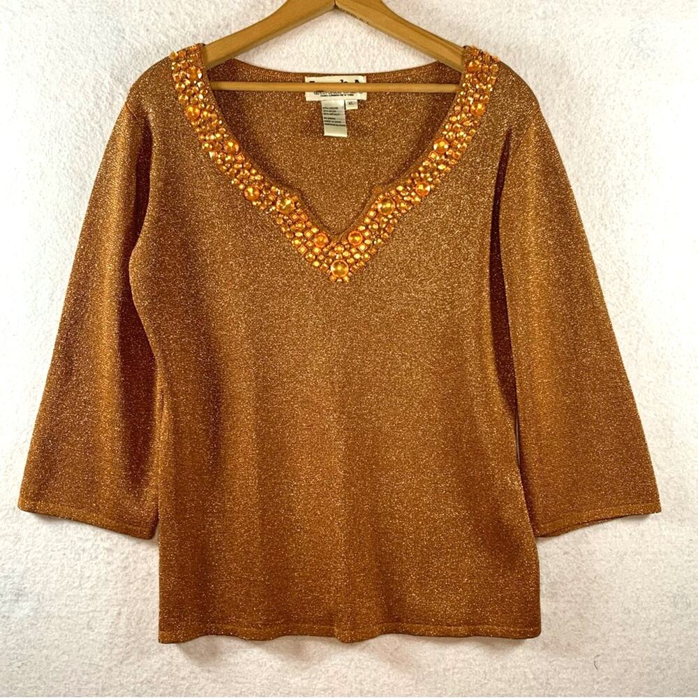 VTG Joseph A Womens Knit Top Bronze Beaded‎ Metallic Glam Party Event